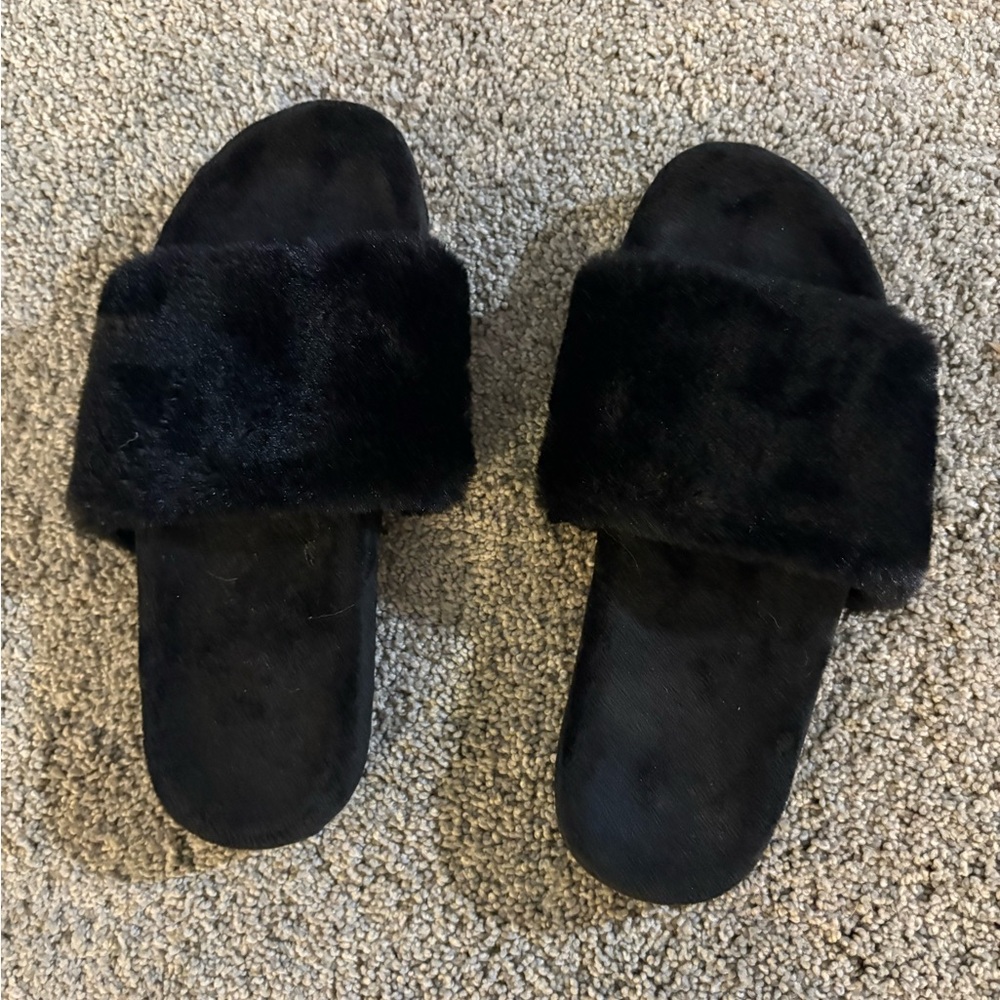 Women's Black Furry Slide Sandals Slippers